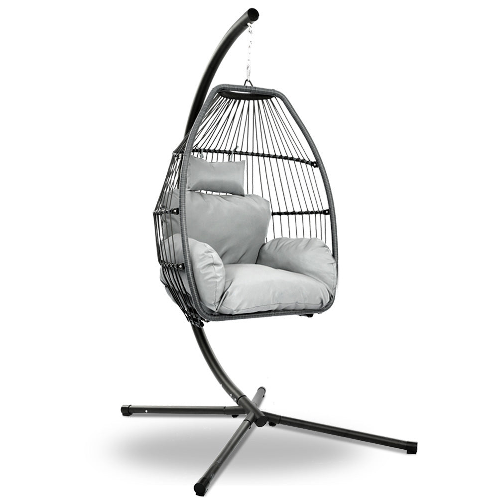 Gardeon Outdoor Egg Swing Chair Wicker Rope Furniture Pod Stand Cushion Grey - TRENDZ