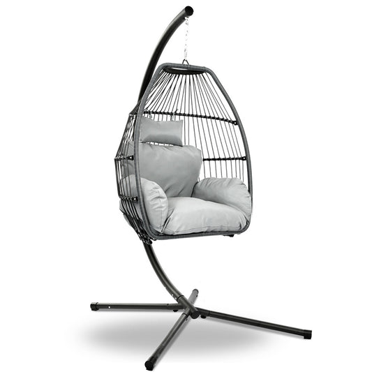 Gardeon Outdoor Egg Swing Chair Wicker Rope Furniture Pod Stand Cushion Grey - TRENDZ