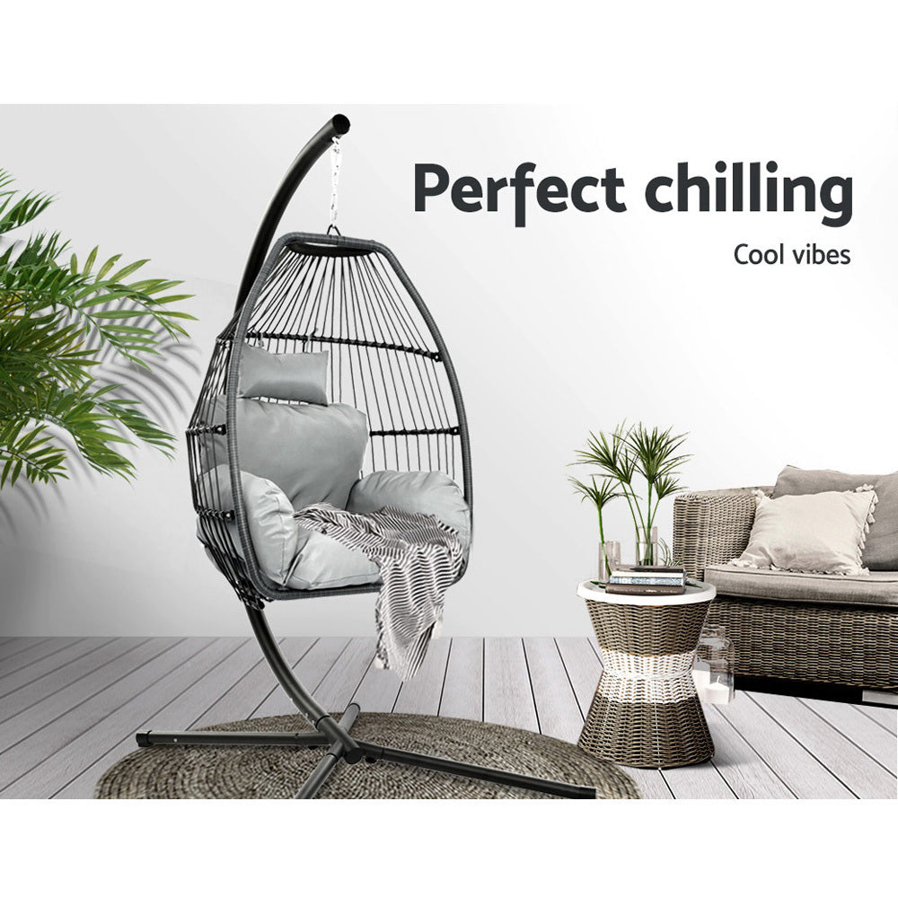 Gardeon Outdoor Egg Swing Chair Wicker Rope Furniture Pod Stand Cushion Grey - TRENDZ