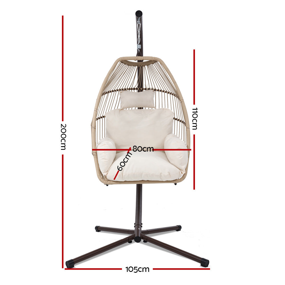 Gardeon Outdoor Egg Swing Chair Hanging Chair Wicker Rope Pod Stand Cushion Latte - TRENDZ
