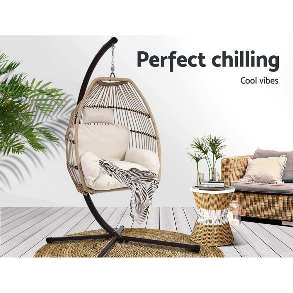 Gardeon Outdoor Egg Swing Chair Hanging Chair Wicker Rope Pod Stand Cushion Latte - TRENDZ