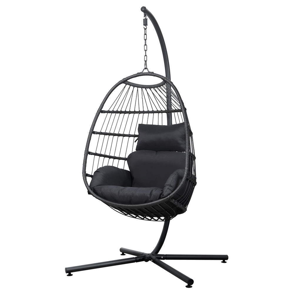 Gardeon Outdoor Egg Swing Chair Hanging Chair Wicker Rope Pod Stand Foldable Grey - TRENDZ