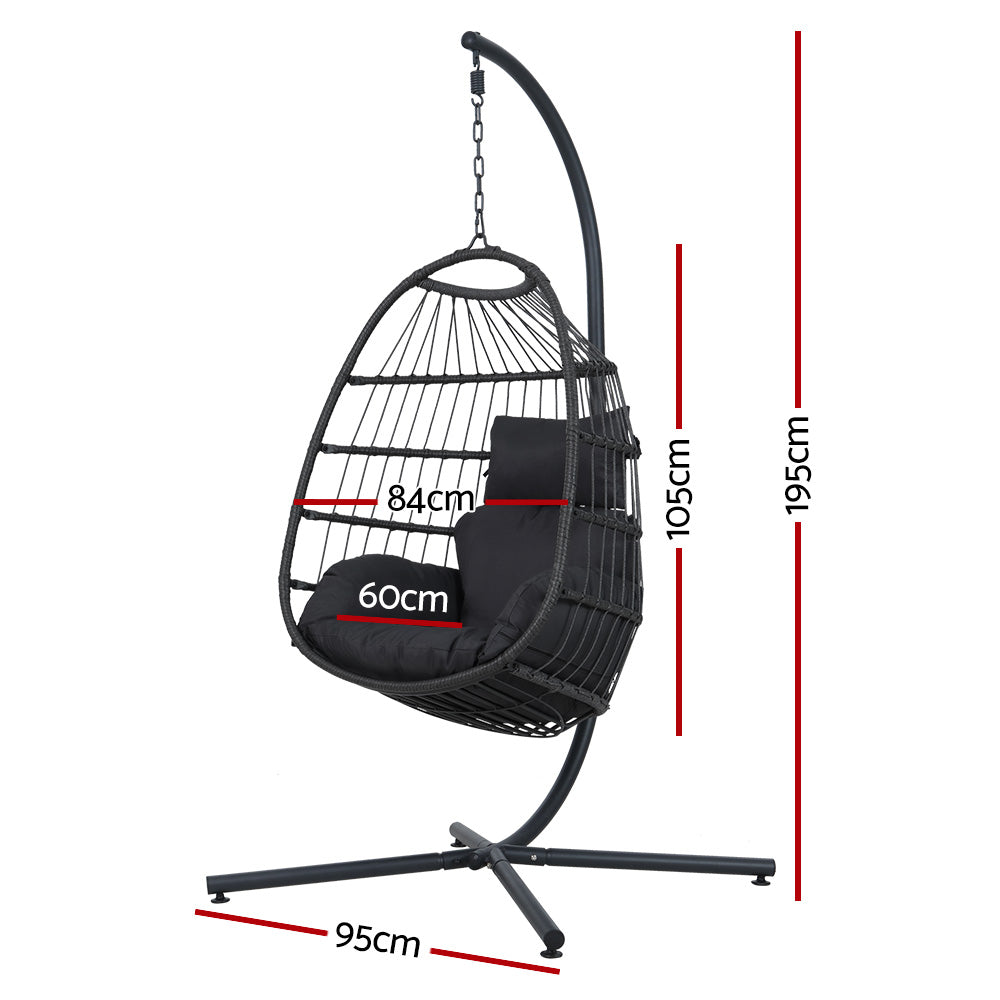 Gardeon Outdoor Egg Swing Chair Hanging Chair Wicker Rope Pod Stand Foldable Grey - TRENDZ