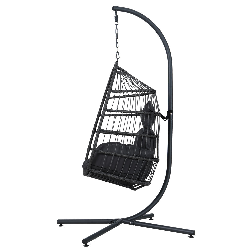 Gardeon Outdoor Egg Swing Chair Hanging Chair Wicker Rope Pod Stand Foldable Grey - TRENDZ