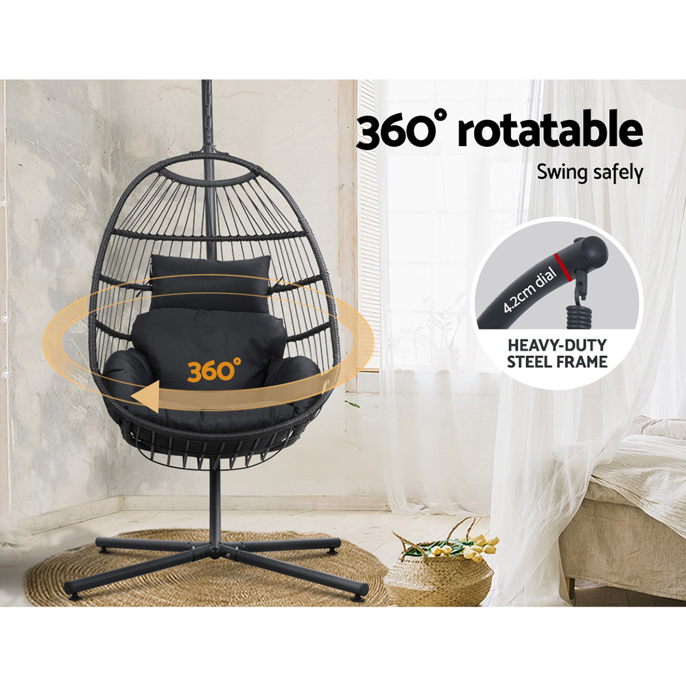 Gardeon Outdoor Egg Swing Chair Hanging Chair Wicker Rope Pod Stand Foldable Grey - TRENDZ