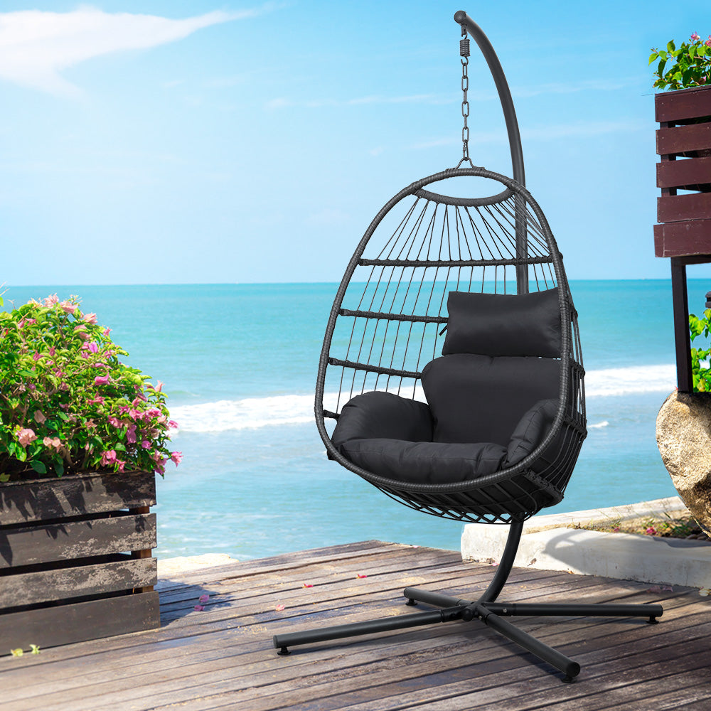 Gardeon Outdoor Egg Swing Chair Hanging Chair Wicker Rope Pod Stand Foldable Grey - TRENDZ