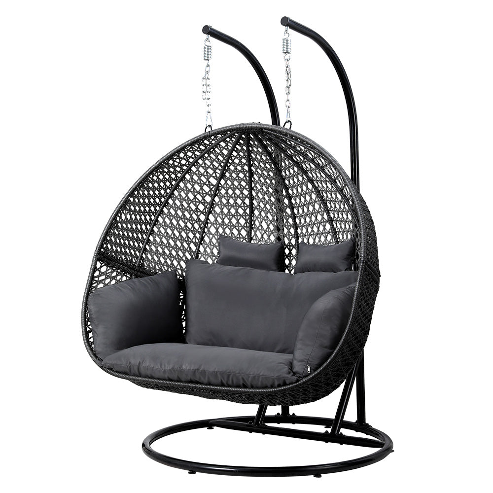 Gardeon Outdoor Egg Swing Chair Wicker Furniture Pod Stand Cushion 2 Seater Grey - TRENDZ
