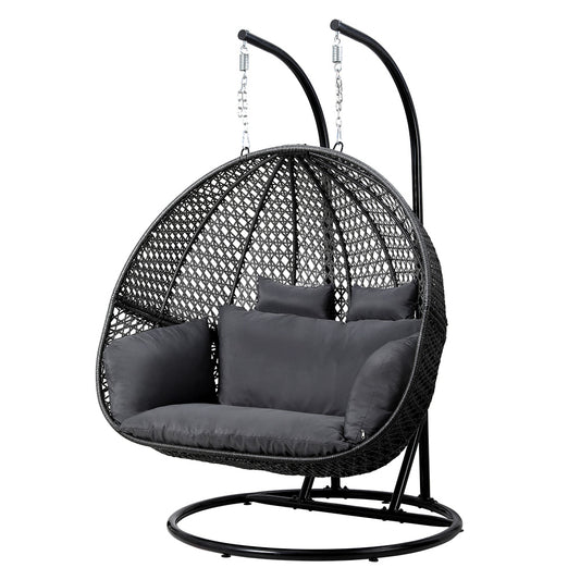 Gardeon Outdoor Egg Swing Chair Wicker Furniture Pod Stand Cushion 2 Seater Grey - TRENDZ