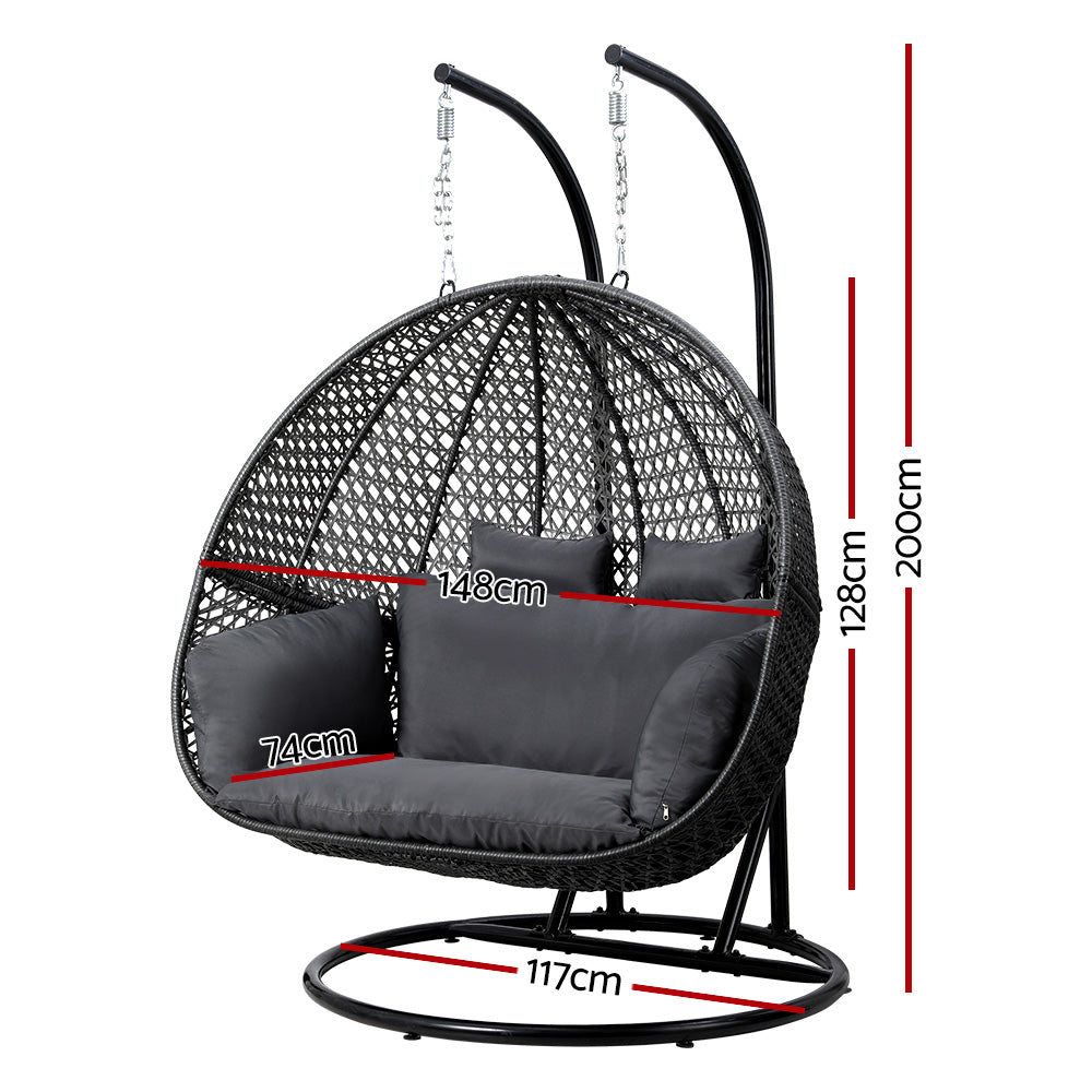 Gardeon Outdoor Egg Swing Chair Wicker Furniture Pod Stand Cushion 2 Seater Grey - TRENDZ