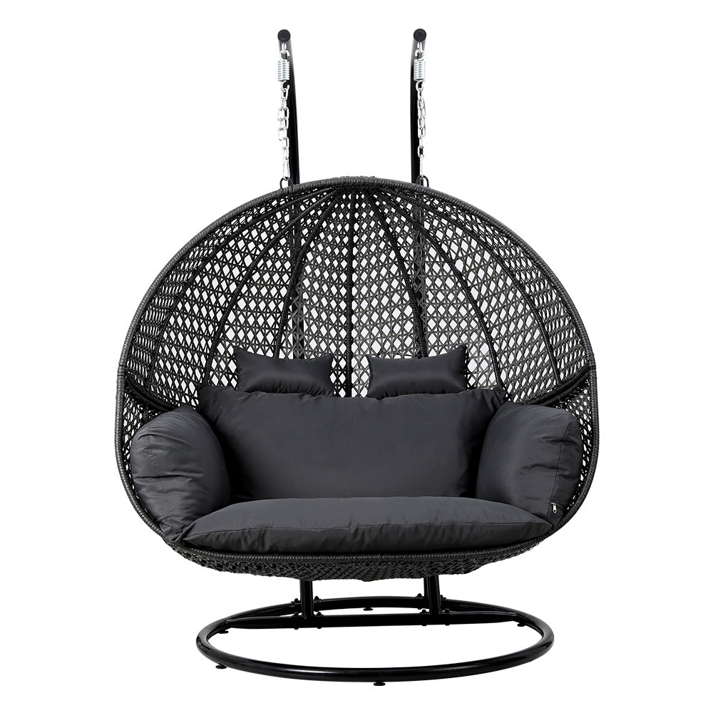 Gardeon Outdoor Egg Swing Chair Wicker Furniture Pod Stand Cushion 2 Seater Grey - TRENDZ