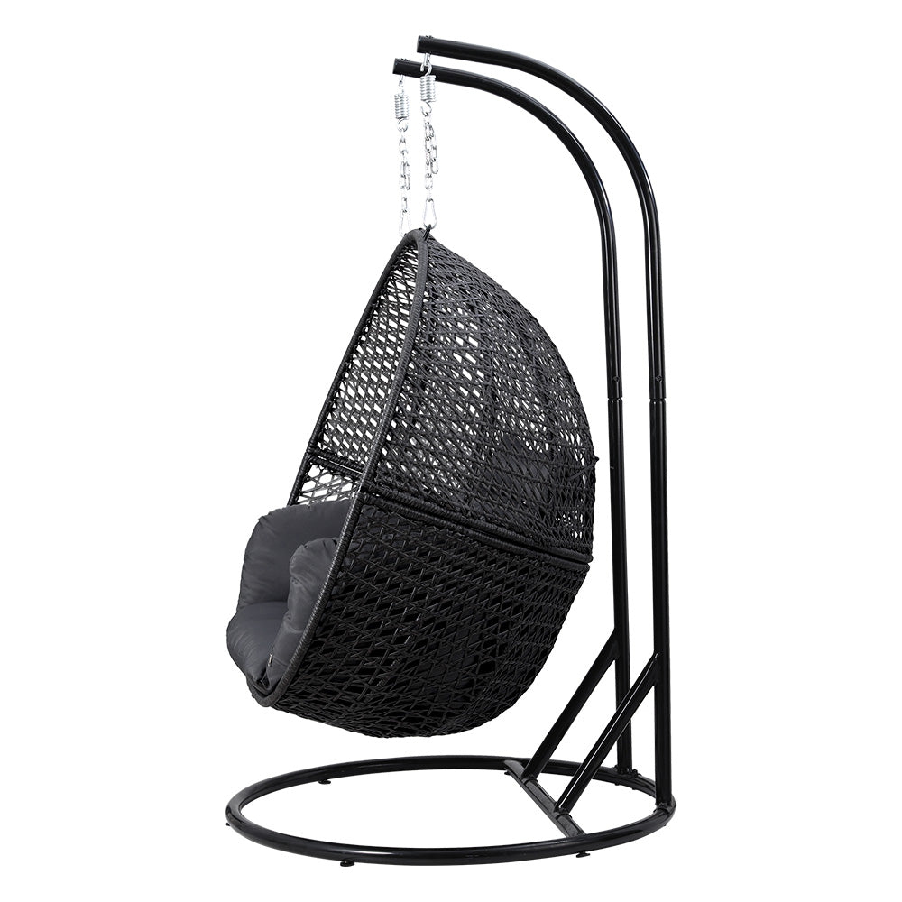 Gardeon Outdoor Egg Swing Chair Wicker Furniture Pod Stand Cushion 2 Seater Grey - TRENDZ