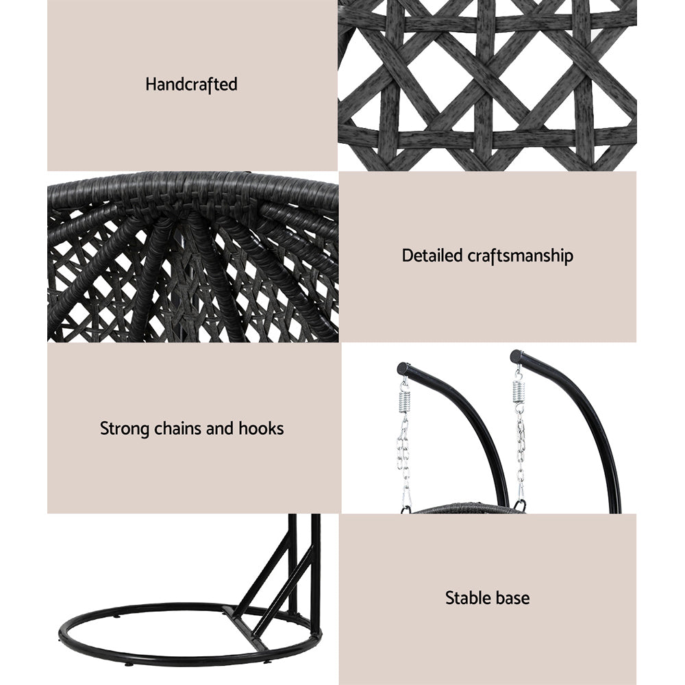 Gardeon Outdoor Egg Swing Chair Wicker Furniture Pod Stand Cushion 2 Seater Grey - TRENDZ