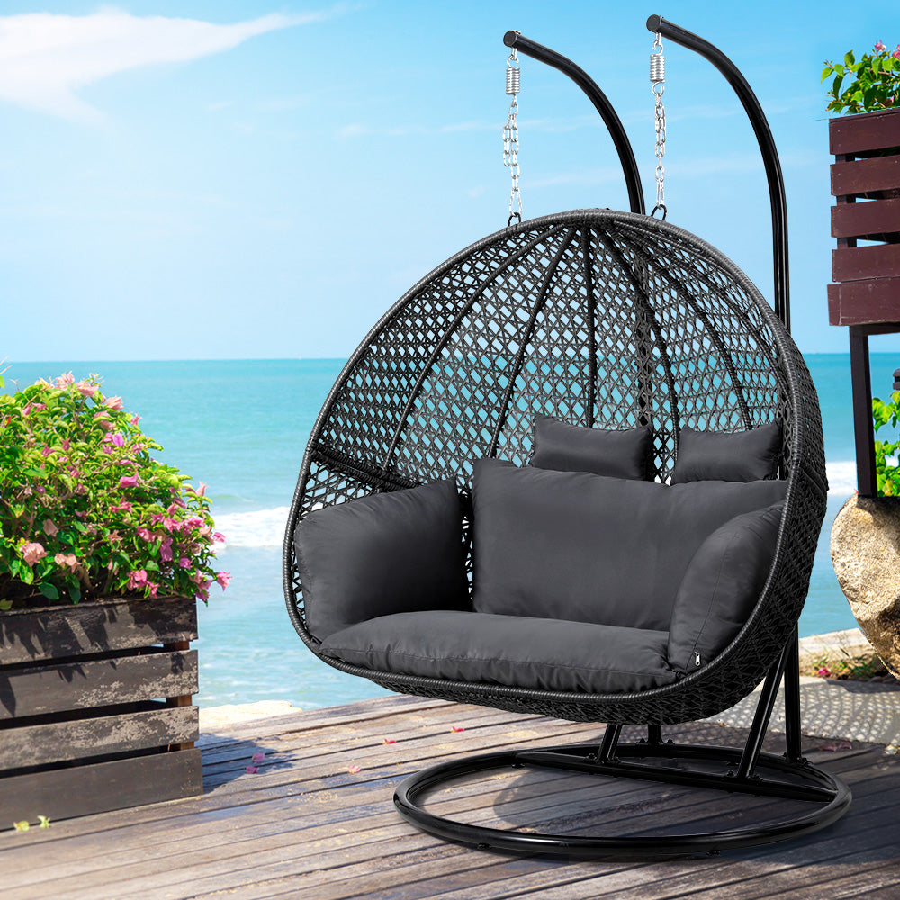 Gardeon Outdoor Egg Swing Chair Wicker Furniture Pod Stand Cushion 2 Seater Grey - TRENDZ