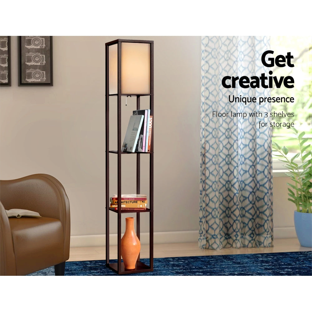 Artiss 3-Tier Shelf Floor Lamp with LED Light Stand – Vintage Brown