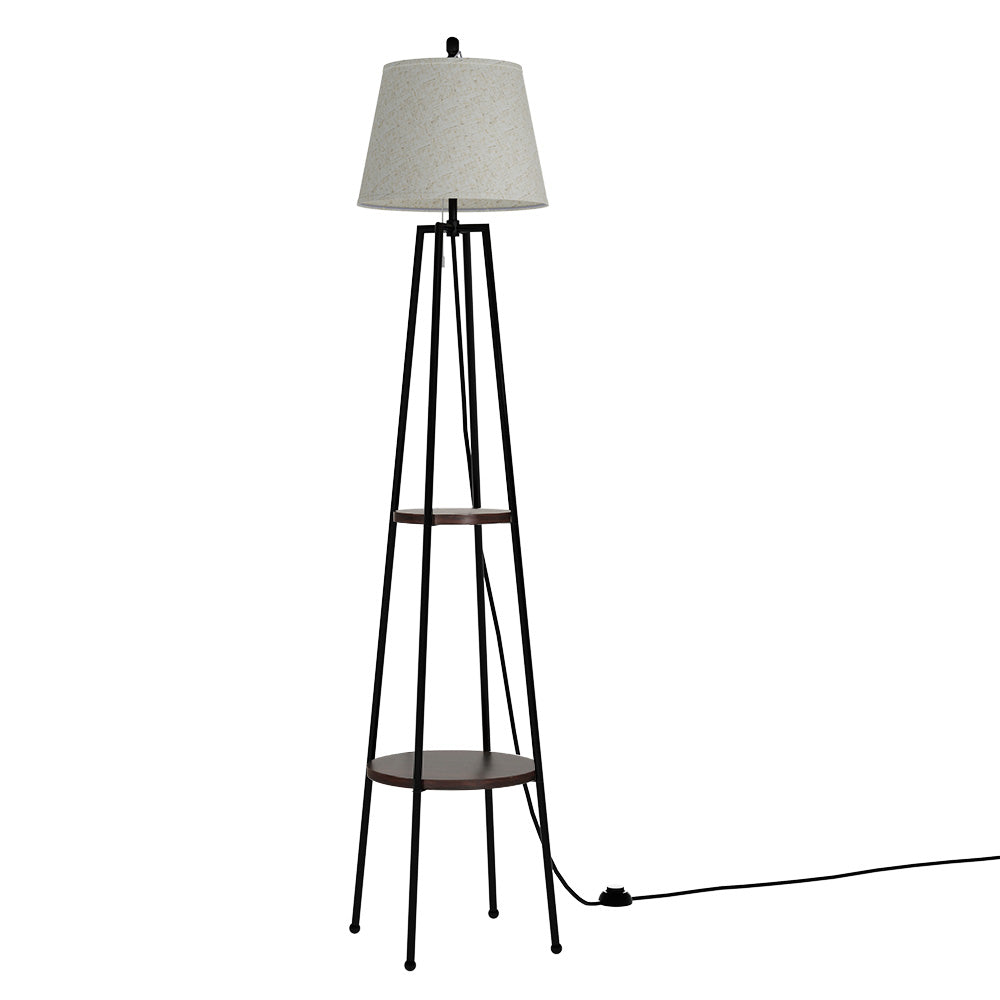 Artiss 2-Tier Shelf Floor Lamp – Black Finish with Linen Shade