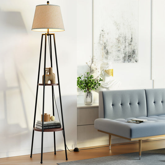 Artiss 2-Tier Shelf Floor Lamp – Black Finish with Linen Shade