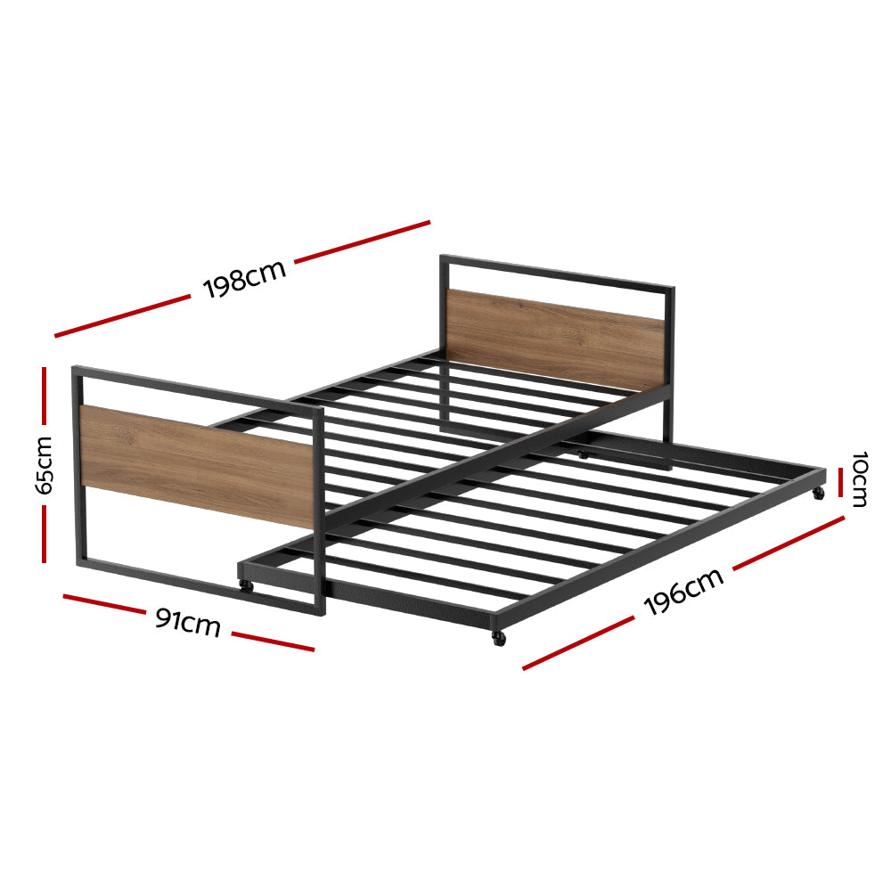 Artiss Bed Frame 2x Single Size Metal Trundle Daybed DEAN - TRENDZ