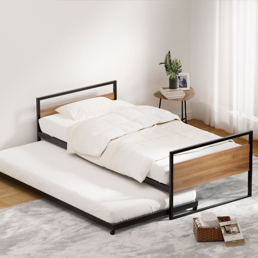 Artiss Bed Frame 2x Single Size Metal Trundle Daybed DEAN - TRENDZ