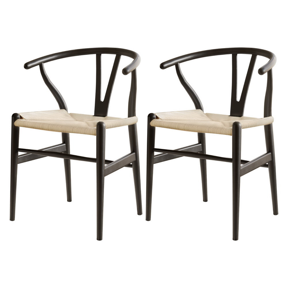 1 Set of 2 Artiss Dining Chairs Wooden Rattan Wishbone Black - TRENDZ