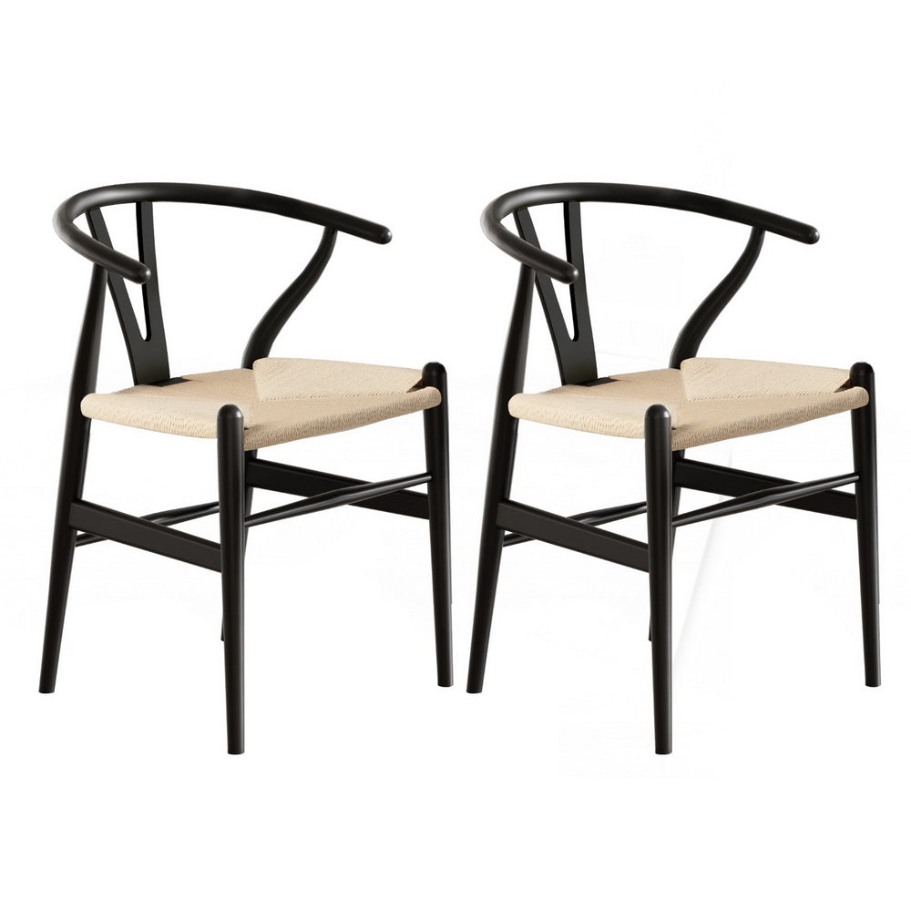 1 Set of 2 Artiss Dining Chairs Wooden Rattan Wishbone Black - TRENDZ