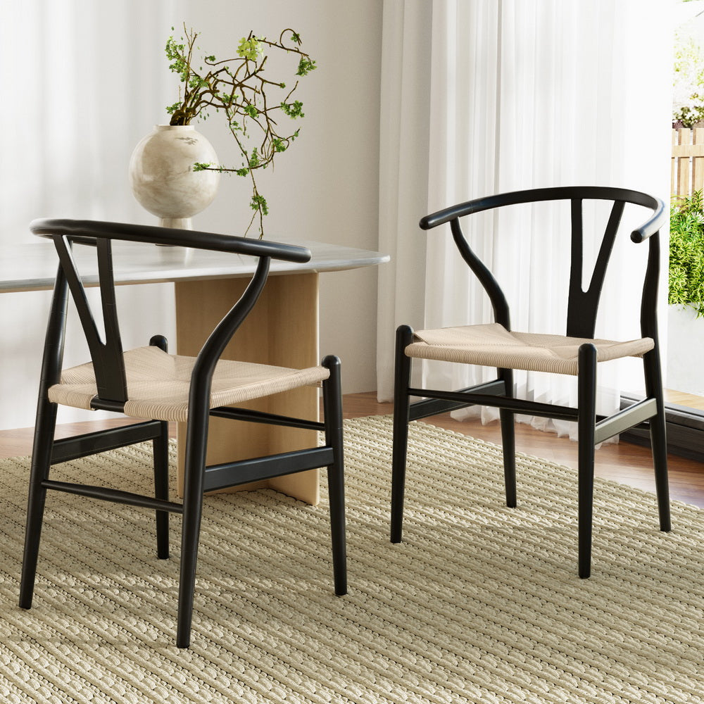 1 Set of 2 Artiss Dining Chairs Wooden Rattan Wishbone Black - TRENDZ