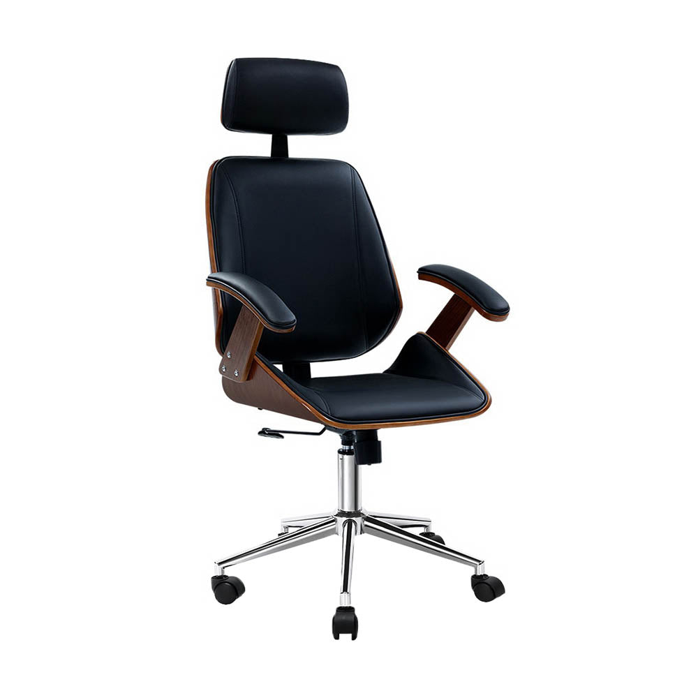 Artiss Wooden Office Chair Leather Seat Black - TRENDZ