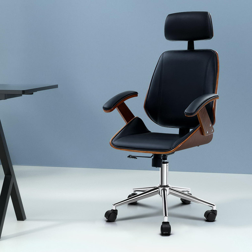 Artiss Wooden Office Chair Leather Seat Black - TRENDZ