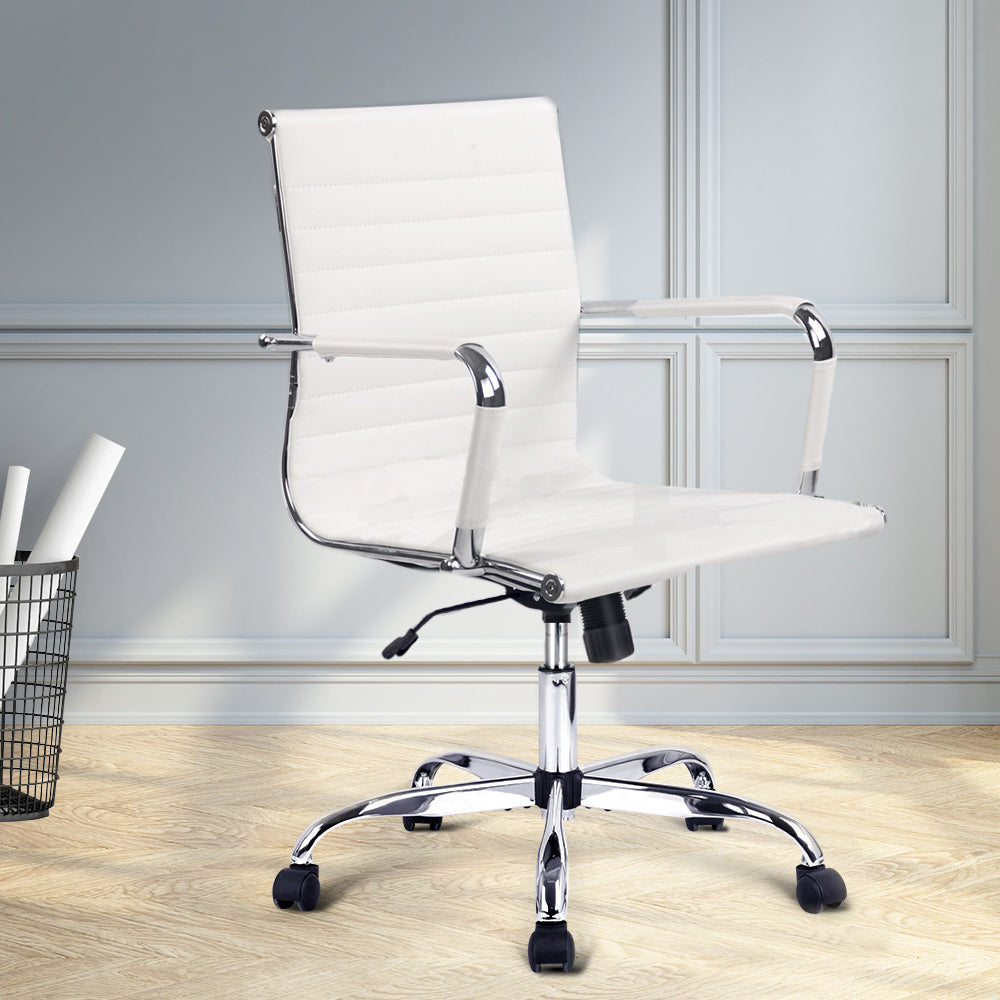 Artiss Office Chair Conference Chairs PU Leather Mid Back White - TRENDZ