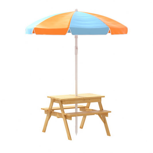 Keezi Kids Outdoor Table and Chairs Picnic Bench Umbrella Set Water Sand Pit Box - TRENDZ