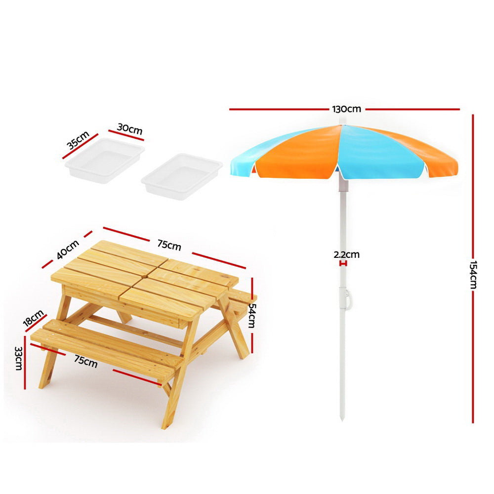 Keezi Kids Outdoor Table and Chairs Picnic Bench Umbrella Set Water Sand Pit Box - TRENDZ