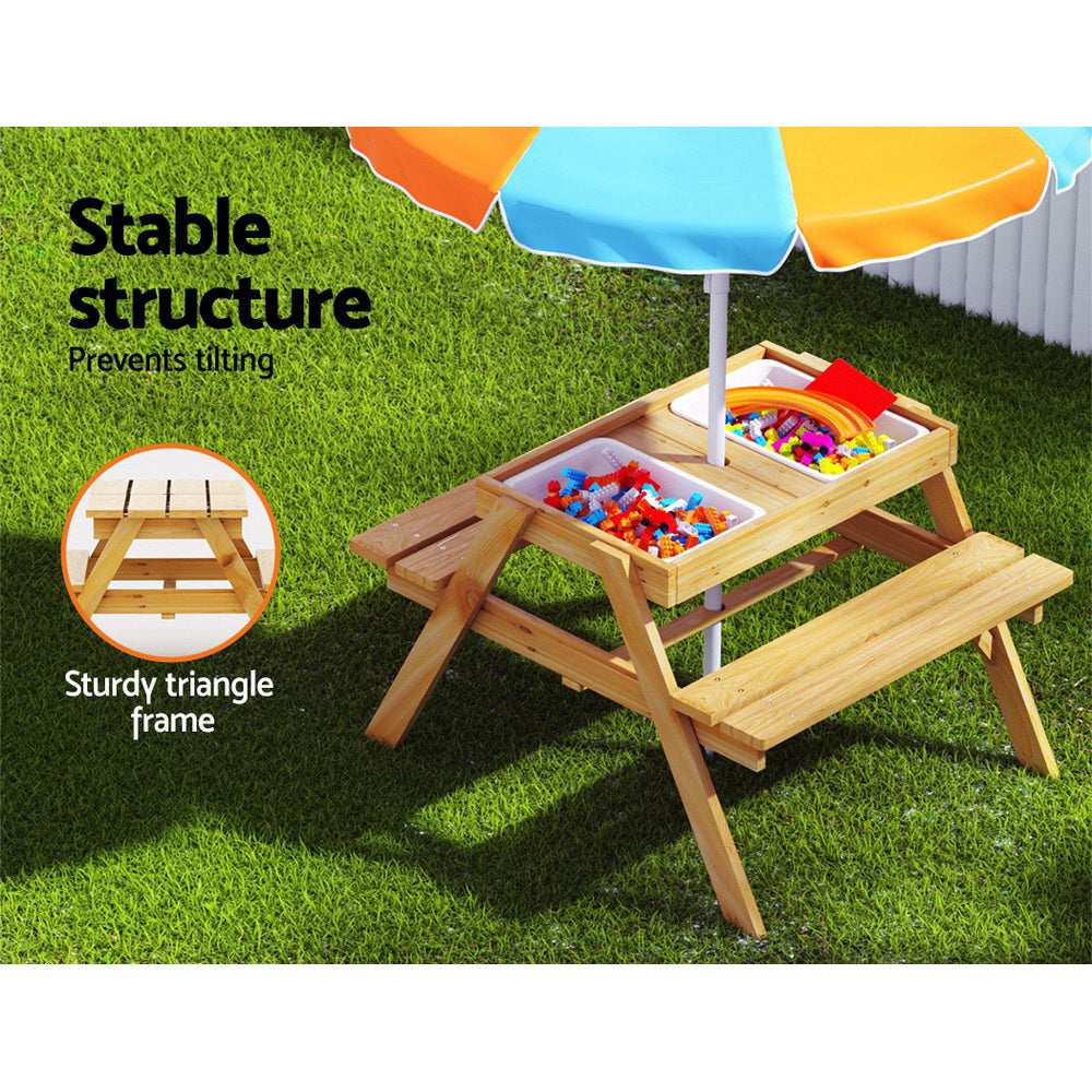 Keezi Kids Outdoor Table and Chairs Picnic Bench Umbrella Set Water Sand Pit Box - TRENDZ
