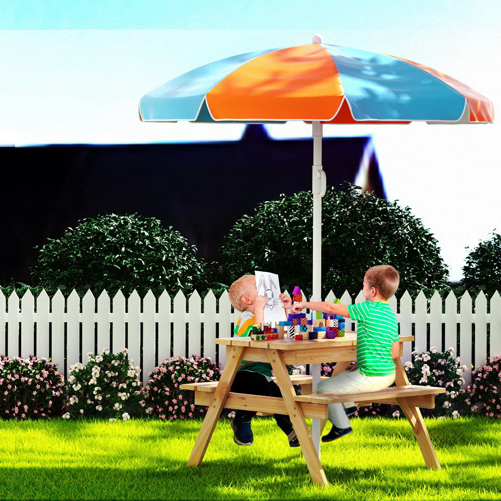 Keezi Kids Outdoor Table and Chairs Picnic Bench Umbrella Set Water Sand Pit Box - TRENDZ