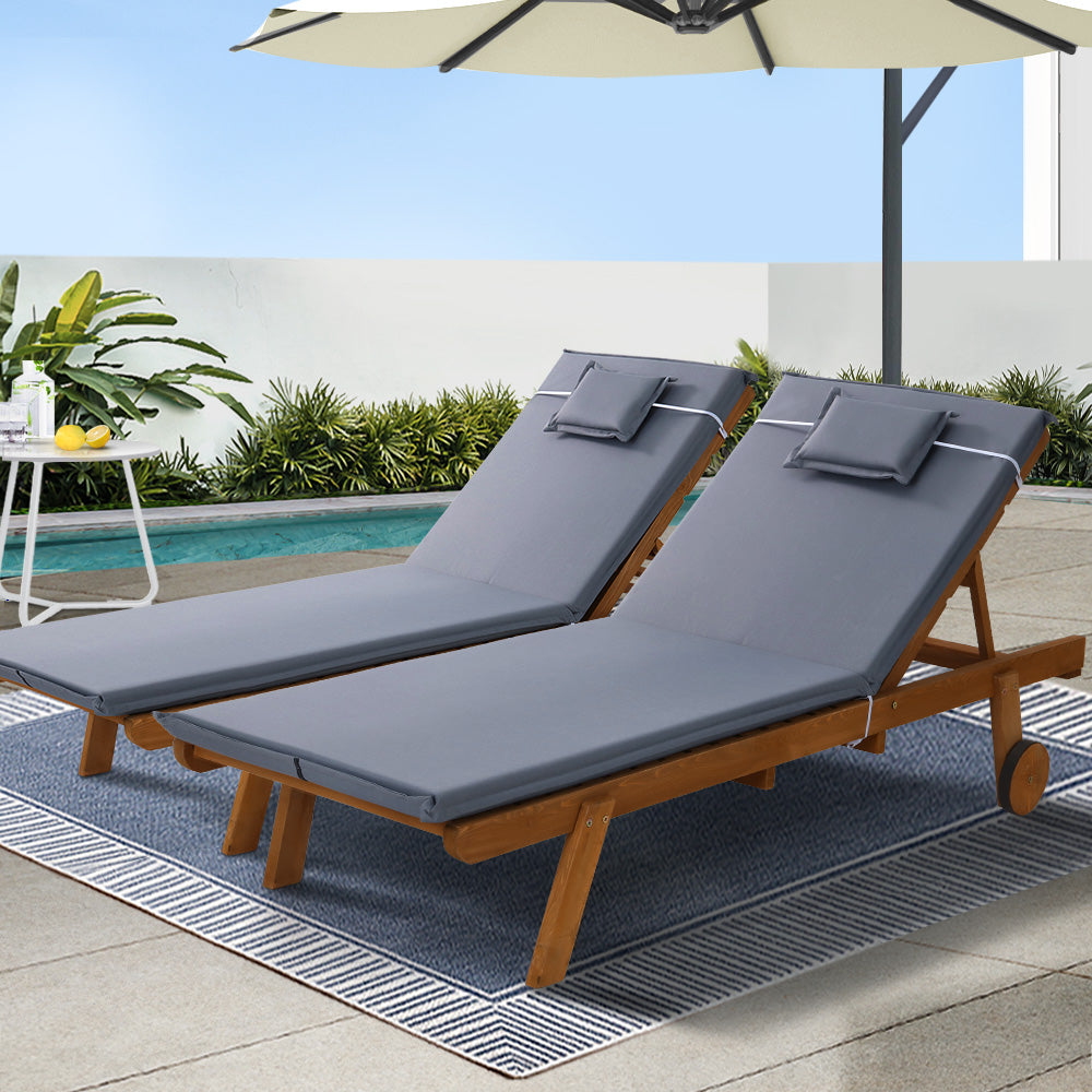 Gardeon 2x Sun Lounge Wooden Lounger Outdoor Furniture Day Bed Wheel Patio Grey - TRENDZ