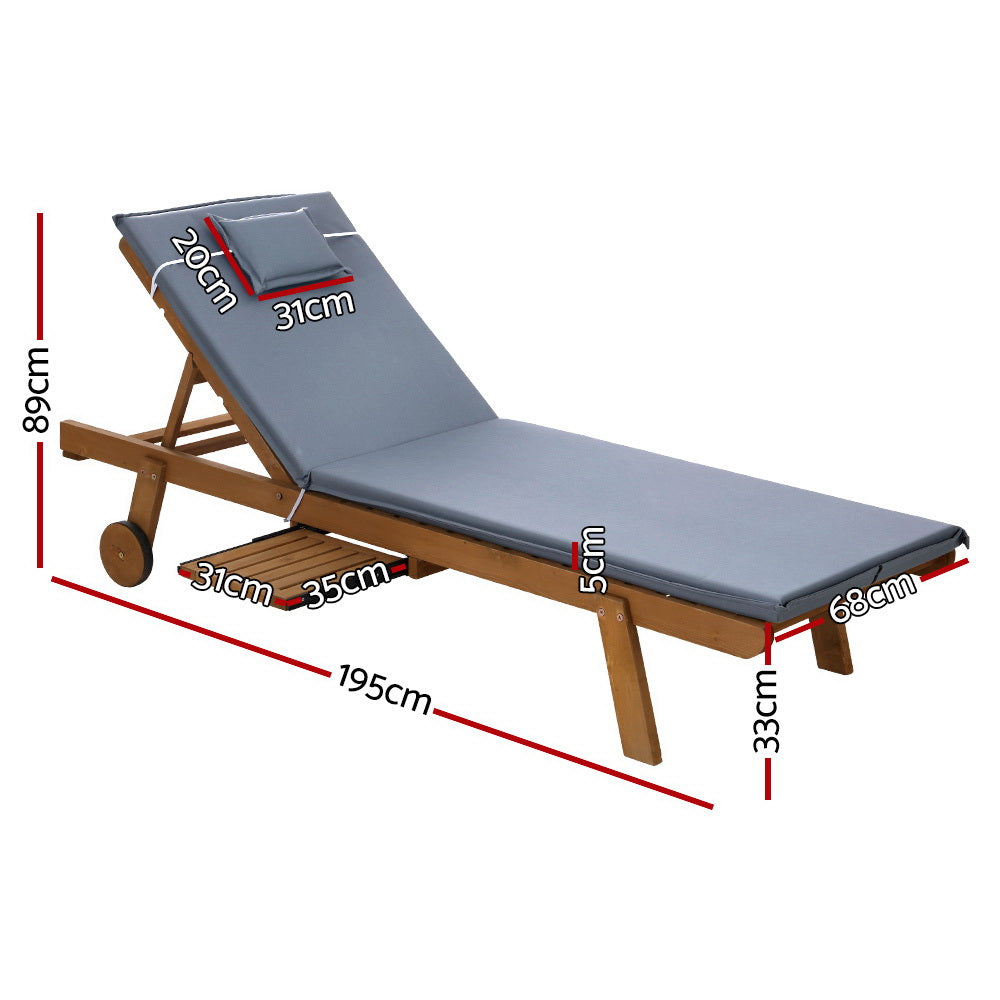 Gardeon 2x Sun Lounge Wooden Lounger Outdoor Furniture Day Bed Wheel Patio Grey - TRENDZ
