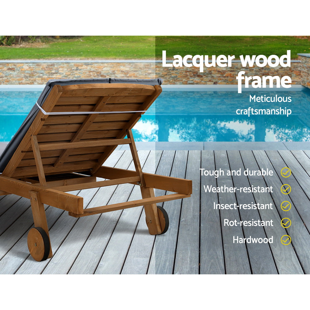 Gardeon 2x Sun Lounge Wooden Lounger Outdoor Furniture Day Bed Wheel Patio Grey - TRENDZ