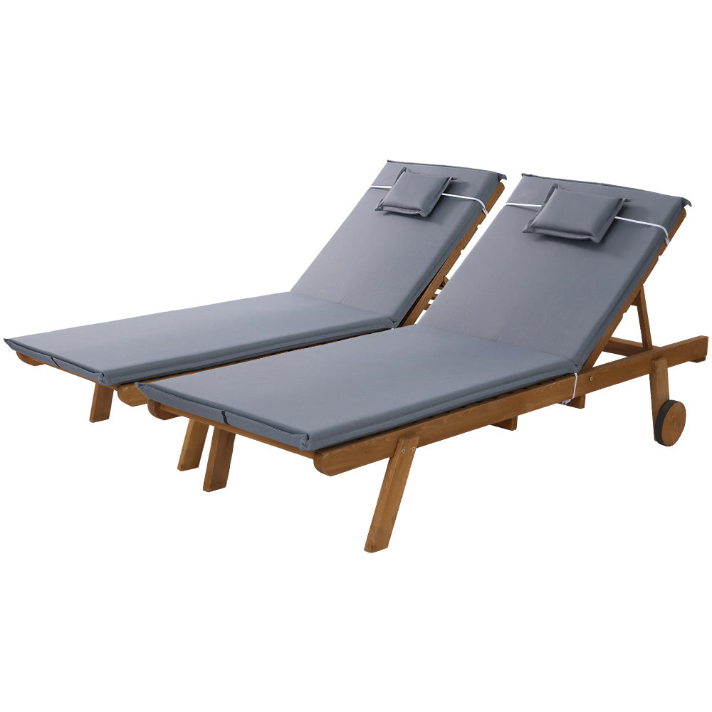 Gardeon 2x Sun Lounge Wooden Lounger Outdoor Furniture Day Bed Wheel Patio Grey - TRENDZ