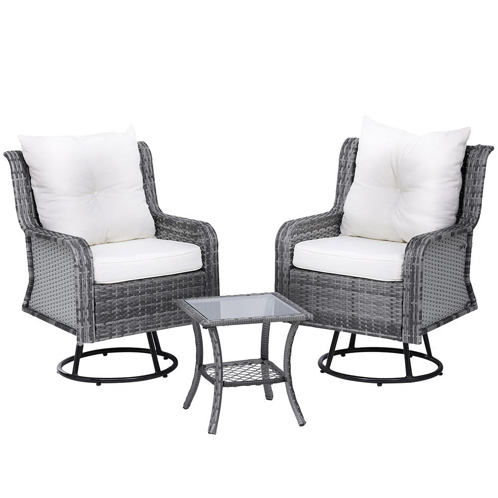 Gardeon 3PC Outdoor Furniture Bistro Set Lounge Wicker Swivel Chairs Table Cushion Grey - TRENDZ