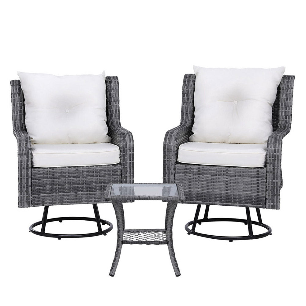 Gardeon 3PC Outdoor Furniture Bistro Set Lounge Wicker Swivel Chairs Table Cushion Grey - TRENDZ