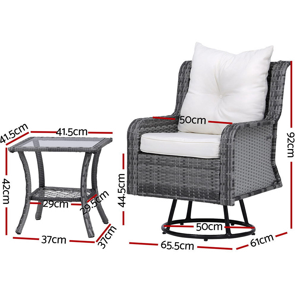 Gardeon 3PC Outdoor Furniture Bistro Set Lounge Wicker Swivel Chairs Table Cushion Grey - TRENDZ