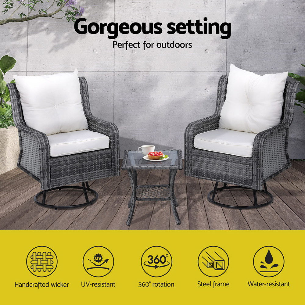 Gardeon 3PC Outdoor Furniture Bistro Set Lounge Wicker Swivel Chairs Table Cushion Grey - TRENDZ