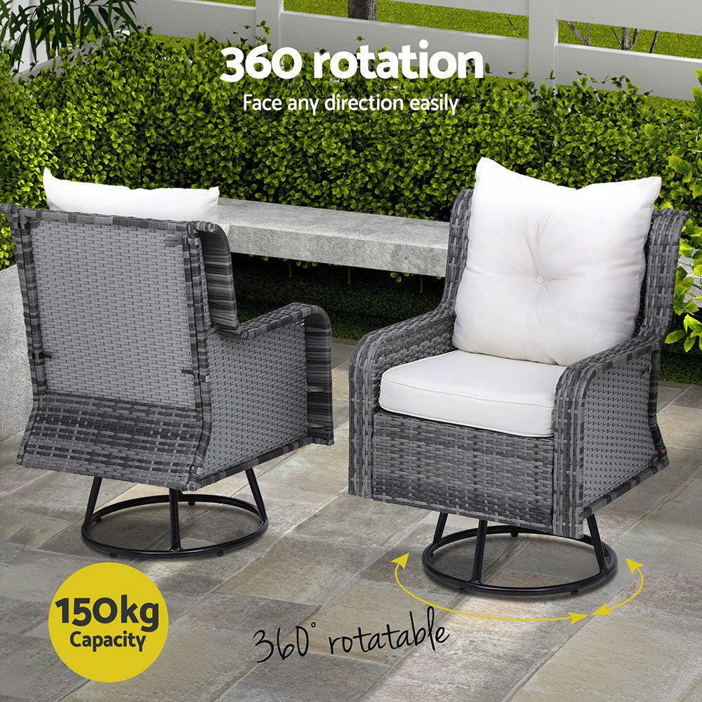 Gardeon 3PC Outdoor Furniture Bistro Set Lounge Wicker Swivel Chairs Table Cushion Grey - TRENDZ