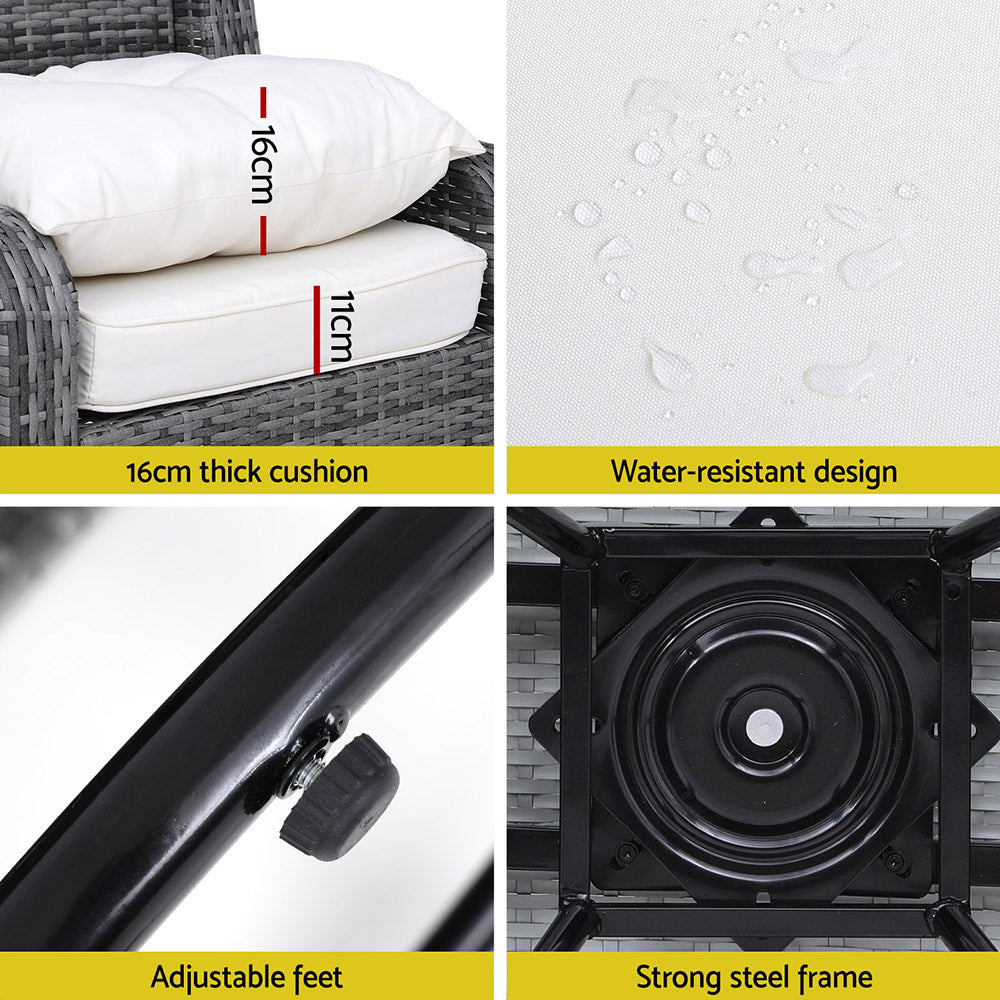 Gardeon 3PC Outdoor Furniture Bistro Set Lounge Wicker Swivel Chairs Table Cushion Grey - TRENDZ