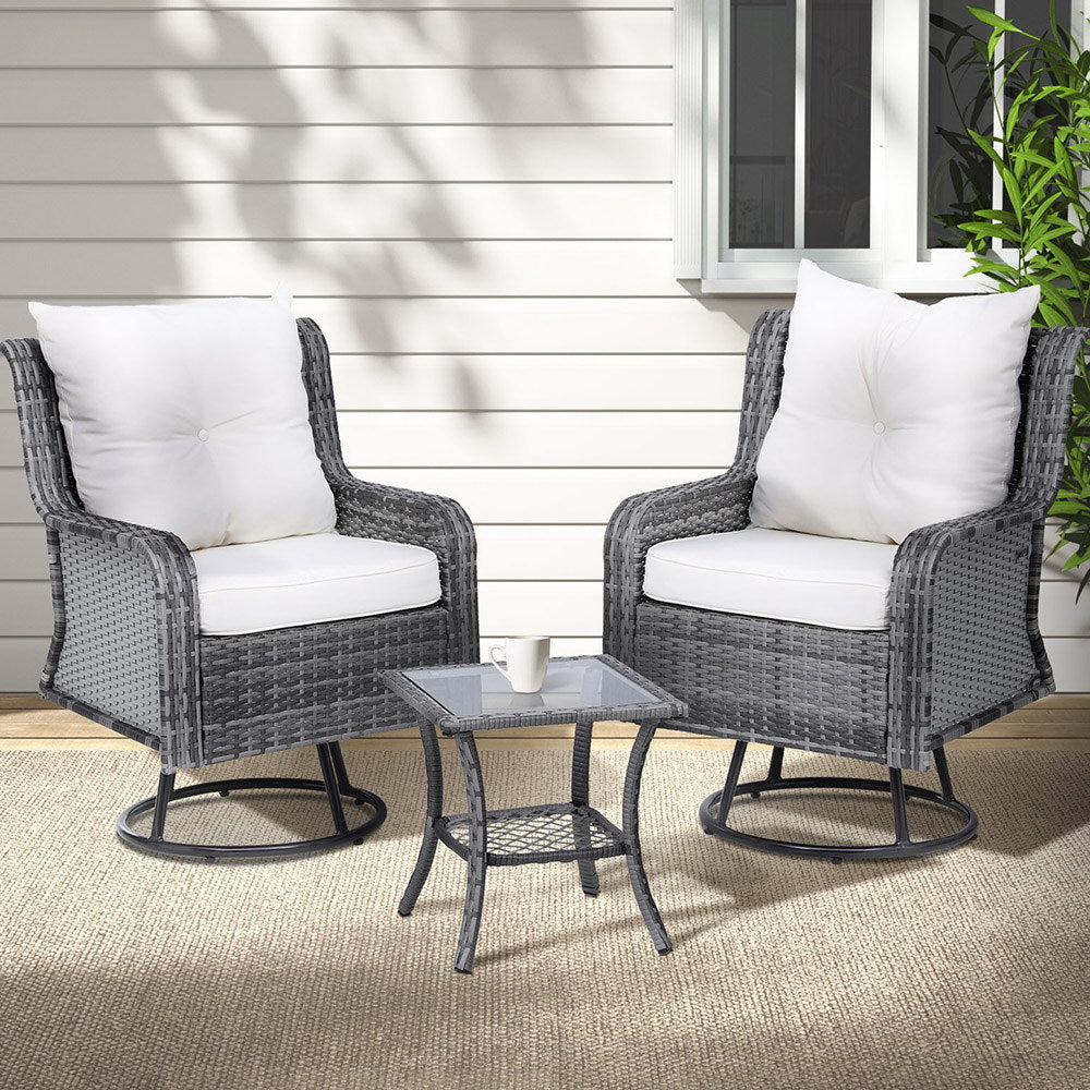 Gardeon 3PC Outdoor Furniture Bistro Set Lounge Wicker Swivel Chairs Table Cushion Grey - TRENDZ