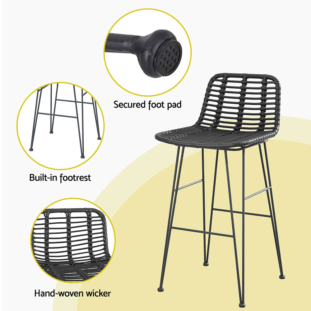 Gardeon 2x Outdoor Bar Stools Rattan Black - TRENDZ
