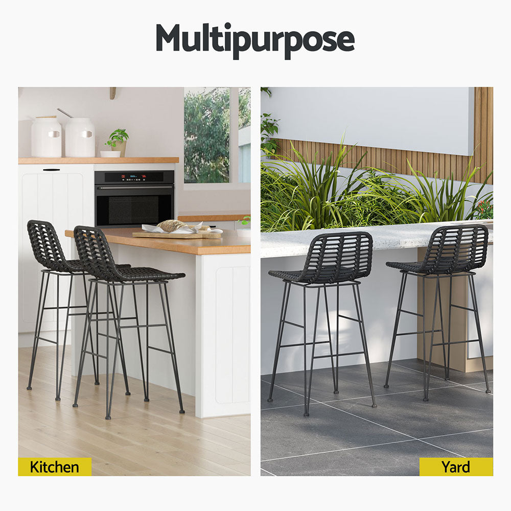 Gardeon 2x Outdoor Bar Stools Rattan Black - TRENDZ
