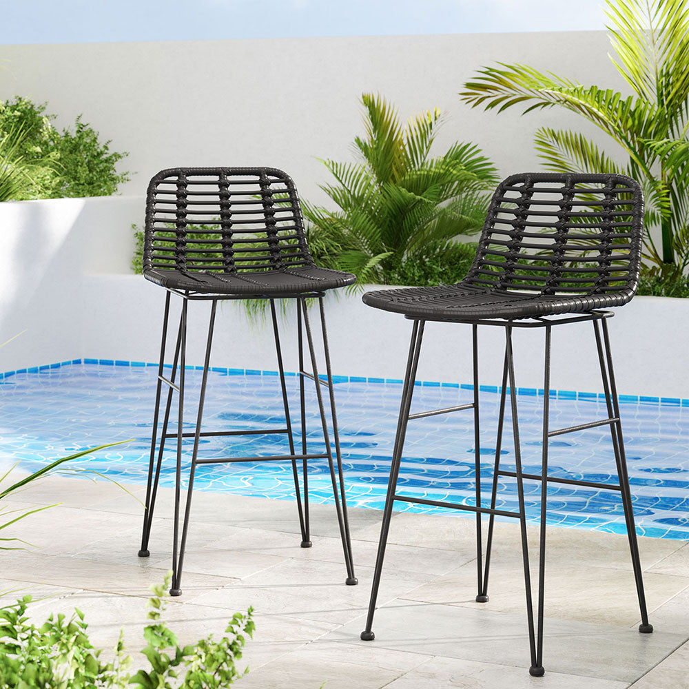 Gardeon 2x Outdoor Bar Stools Rattan Black - TRENDZ