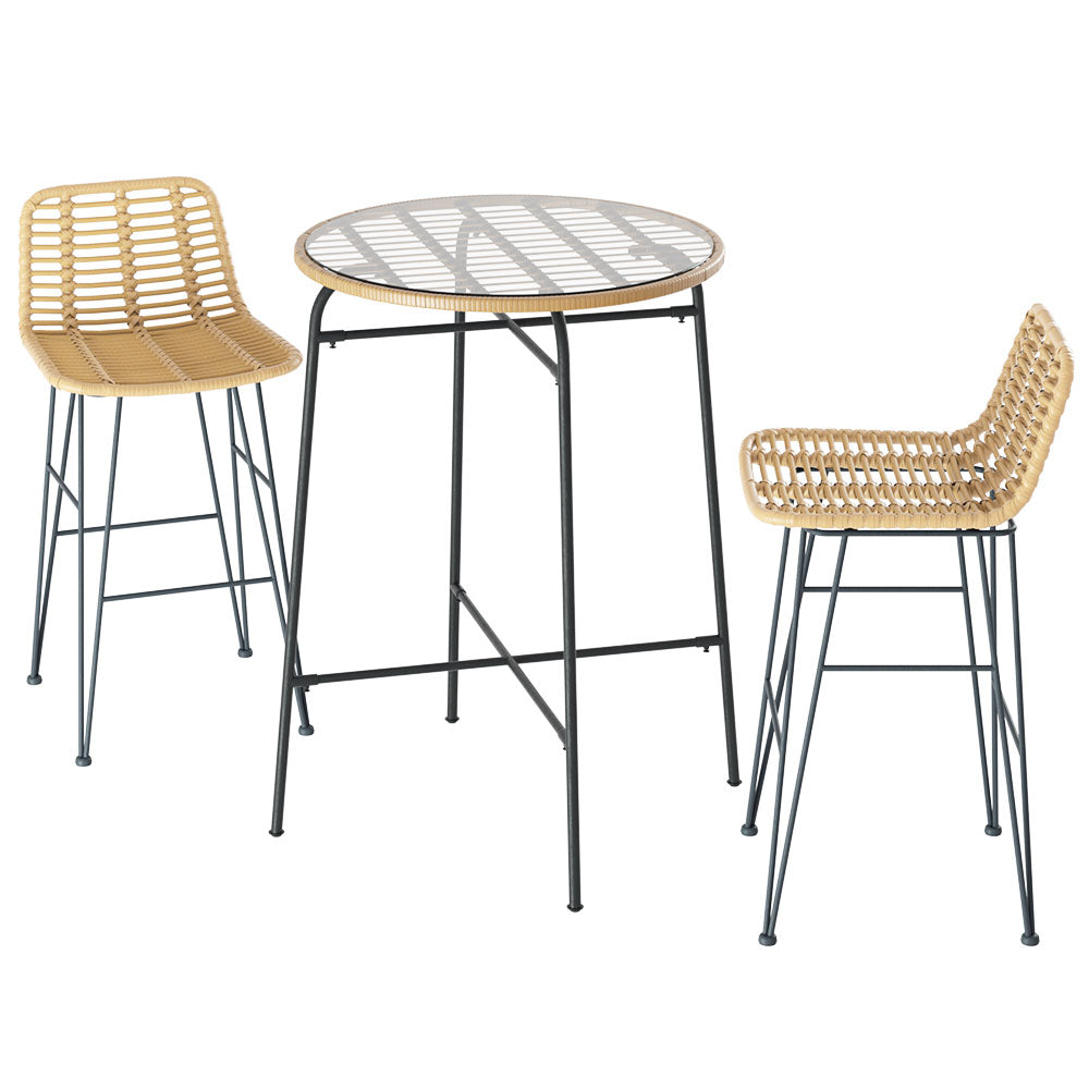 Gardeon 3-Piece Outdoor Bar Set Wicker Table Chairs Patio Bistro - TRENDZ