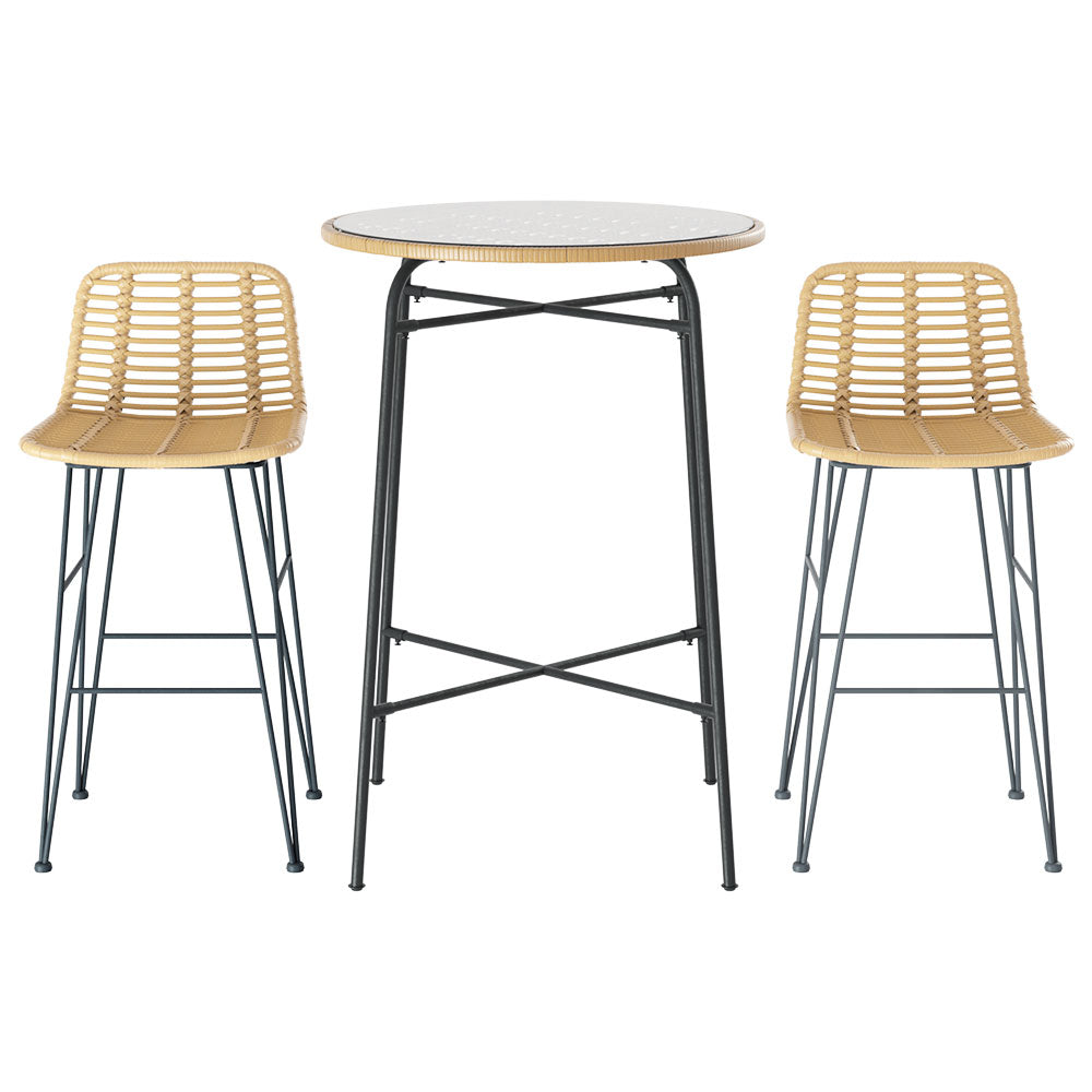Gardeon 3-Piece Outdoor Bar Set Wicker Table Chairs Patio Bistro - TRENDZ