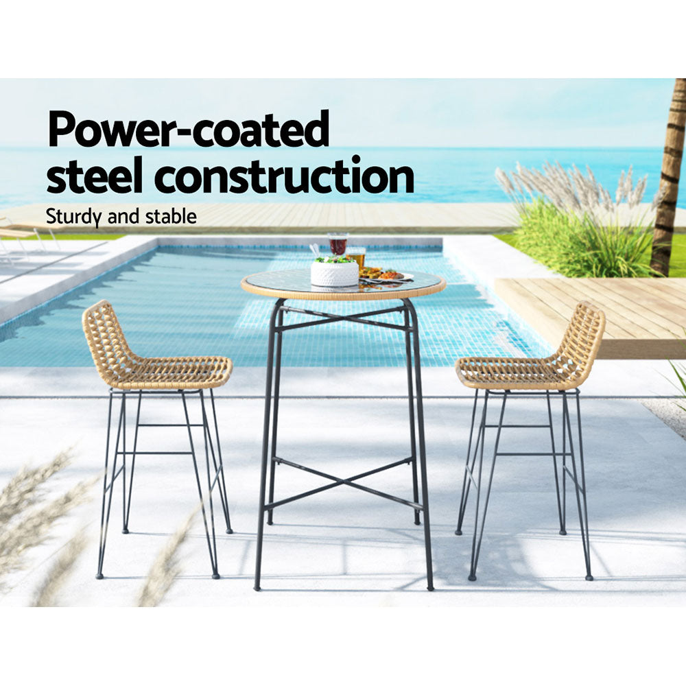 Gardeon 3-Piece Outdoor Bar Set Wicker Table Chairs Patio Bistro - TRENDZ