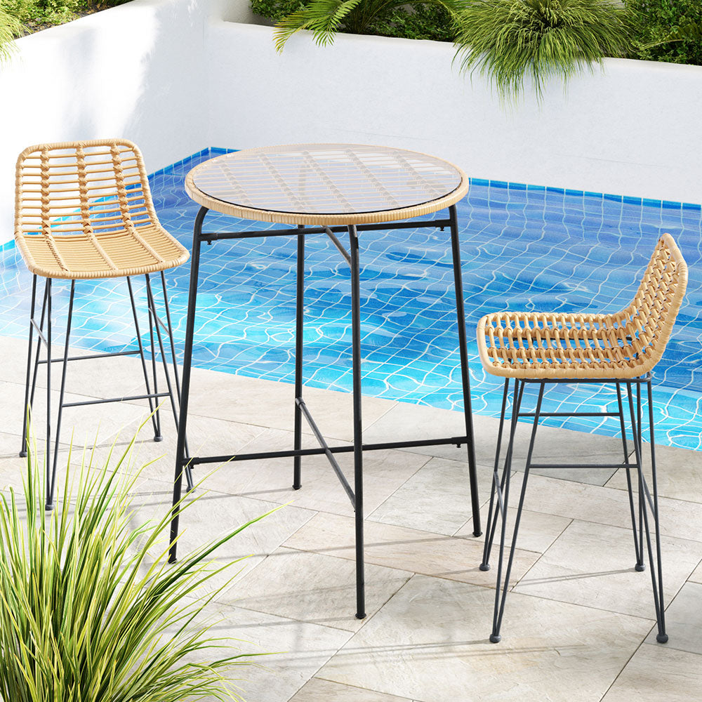 Gardeon 3-Piece Outdoor Bar Set Wicker Table Chairs Patio Bistro - TRENDZ